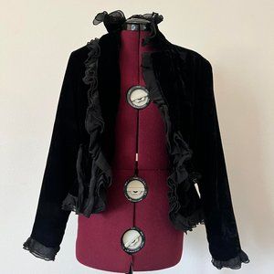 Anne Carson black velvet blazer w/ ruffled trim